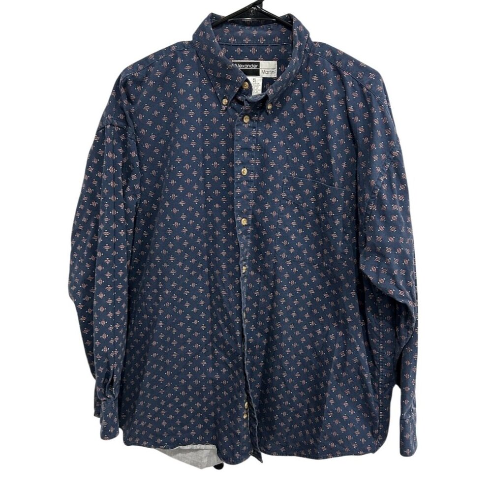 Alexander Martin Button-Up Shirt Navy Blue Floral Print Cotton Long Sleeve Sz XL